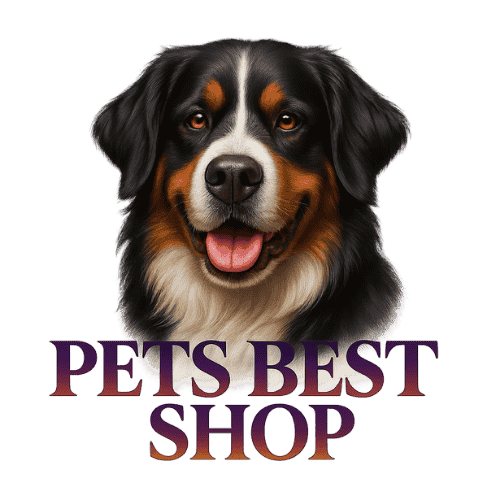 Dog with 'Pets Best Shop' text on a transparent background