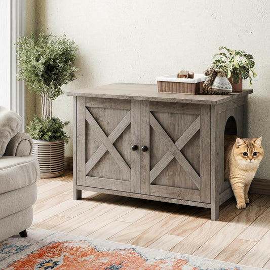 Walsunny Cat Litter Box Furniture with Removable Divider Hidden Enclosure and End Table White Brown Gray Wood Adjustable System for Personalized Configurations Double Door Design