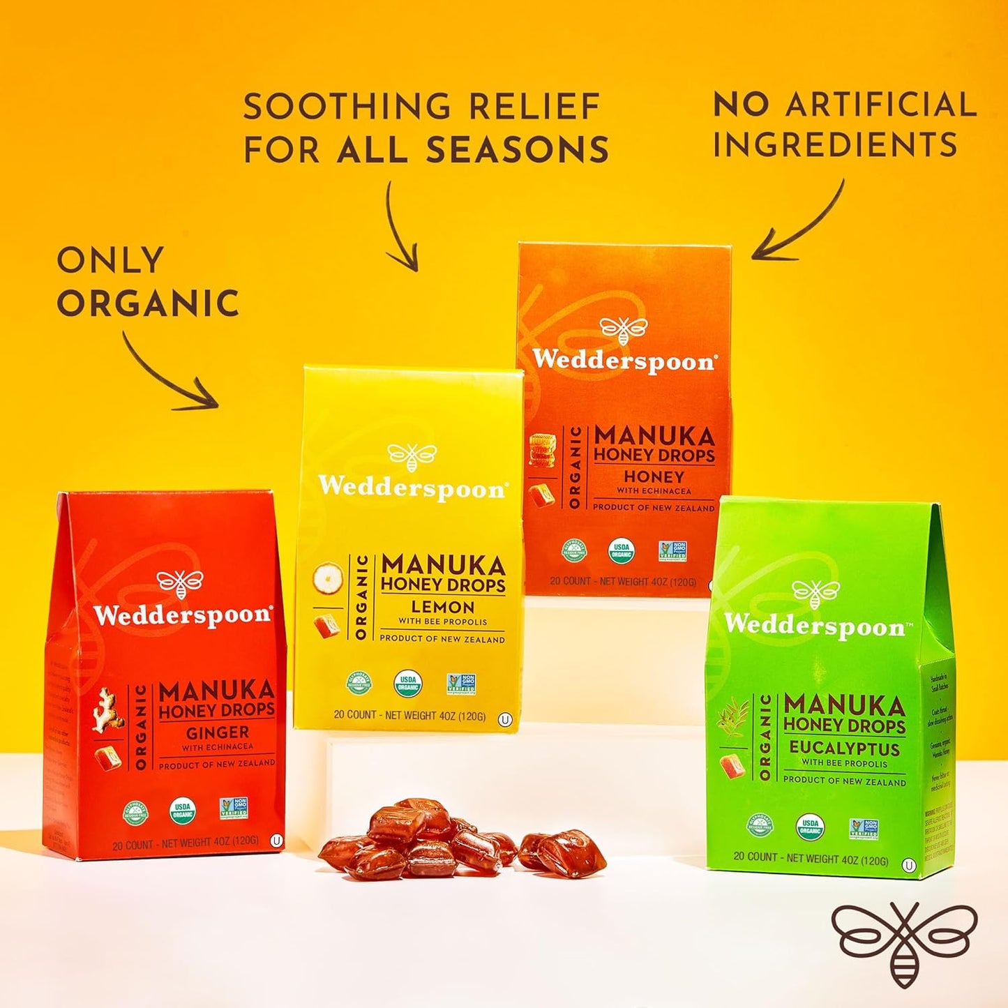 Organic Manuka Honey Drops with Lemon and Bee Propolis, 20 Count | Authentic New Zealand Honey | Ideal Soothing Solution for Dry Throats