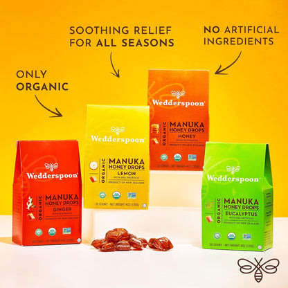 Organic Manuka Honey Drops with Lemon and Bee Propolis, 20 Count | Authentic New Zealand Honey | Ideal Soothing Solution for Dry Throats