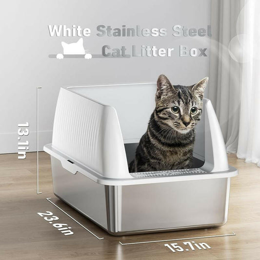 Petterm Stainless Steel Cat Litter Box with Scoop & Mat, Large Semi or Fully Enclosed Design, High-Side Enclosure, Non-Sticky, Anti-Leak, High-Walled