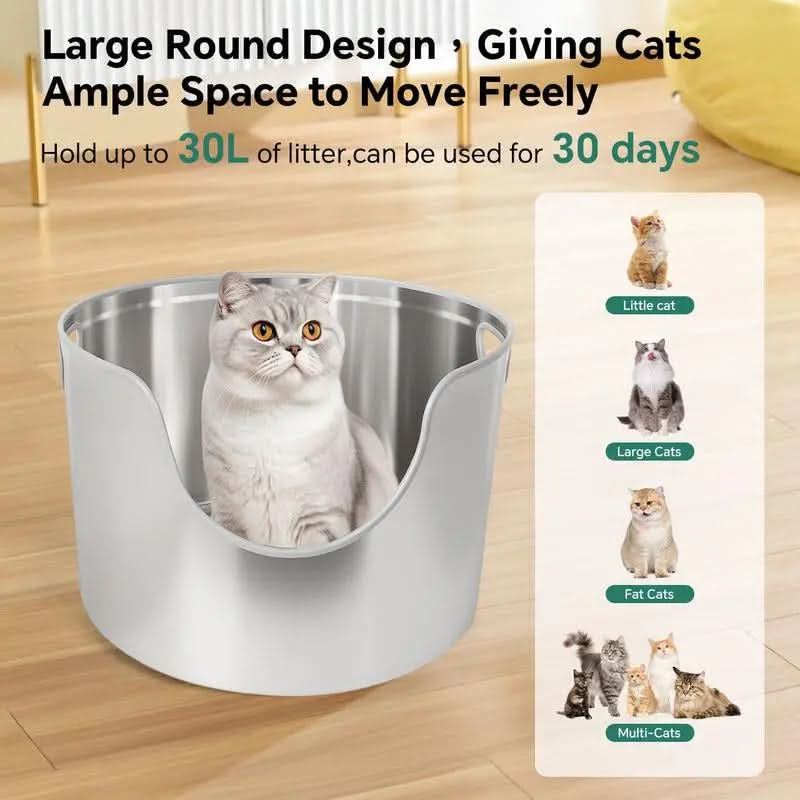 Aothey Stainless Steel Litter Box Metal with Integrated round for XL/XXL Big and Multi Cats, 12" High Wall High Side, Odor Control, Easy to Clean, Durable, Includes Stainless Steel Scoop Tray Enclosed Pet Supplies Free Litterbox