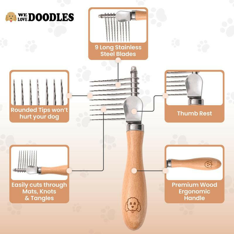 Dog Dematting Brush & Rake, Detangler Brush for Dogs, Comb Tool for Grooming, Best for Doodles, Poodles, Goldendoodles, Cats & Other Pets, Matted Fur Removal on Undercoat [We Love Doodles]