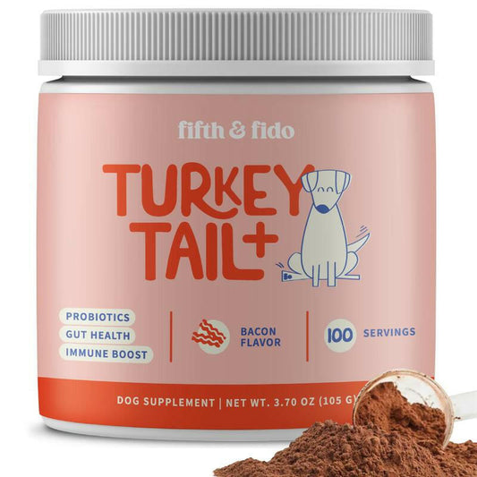 Fifth & Fido Turkey Tail+ - Dog Food Topper with Probiotics for Lipomas, Immune Support & Gut Health - 100 Servings - Bacon Flavor - Natural Allergy Relief - Supplements