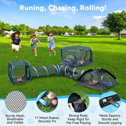Outdoor Cat Enclosures for Indoor, Patio Portable Mesh Tent, Tunnel, Playhouse with Free Carry Bag & Metal Rod for Multiple Cats and Small Animals, Includes Playpen+2 Tents+Tunnel