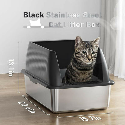 Petterm Stainless Steel Cat Litter Box with Scoop & Mat, Large Semi or Fully Enclosed Design, High-Side Enclosure, Non-Sticky, Anti-Leak, High-Walled