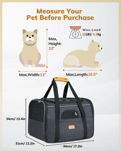 Soft-Sided Cat Carrier - Large Capacity for Medium and Large Cats and Puppies up to 18 lbs, Airline-Approved Pet Carrier with Safety Zippers and Foldable Bowl - Dark Gray
