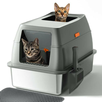 Petterm Stainless Steel Cat Litter Box with Scoop & Mat, Large Semi or Fully Enclosed Design, High-Side Enclosure, Non-Sticky, Anti-Leak, High-Walled