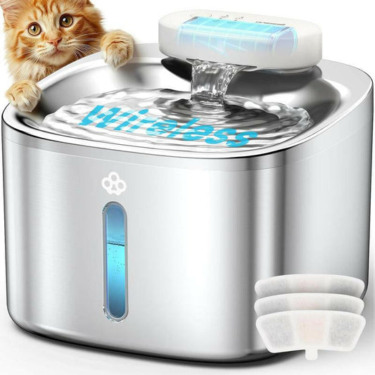 Oneisall Wireless & Stainless Steel Cat Water Fountain, 3.5L/118Oz Automatic Cat Water Fountain,304 Stainless Steel,Cordless & Rechargeable with Motion Sensor and Low Noise