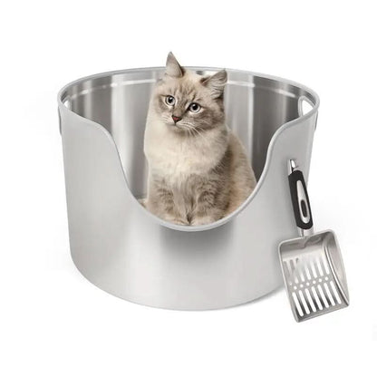 Aothey Stainless Steel Litter Box Metal with Integrated round for XL/XXL Big and Multi Cats, 12" High Wall High Side, Odor Control, Easy to Clean, Durable, Includes Stainless Steel Scoop Tray Enclosed Pet Supplies Free Litterbox
