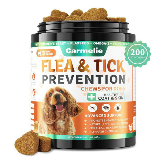 Carmelie Natural Flea & Tick Support for Dogs – 200 Chews, All Breeds & Sizes, Supports Healthy Skin & Coat with Omega-3, Puppy Flea Protection, Chicken Flavor Treats Poodle
