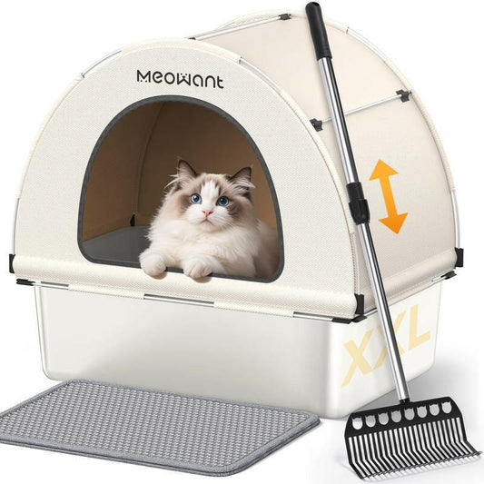 Meowant LB03 3-In-1 Stainless Steel Cat Litter Box 85L Large, Splash-Proof, Odor-Resistant, Detachable Cover, Half-Moon Tent Multi-Functional