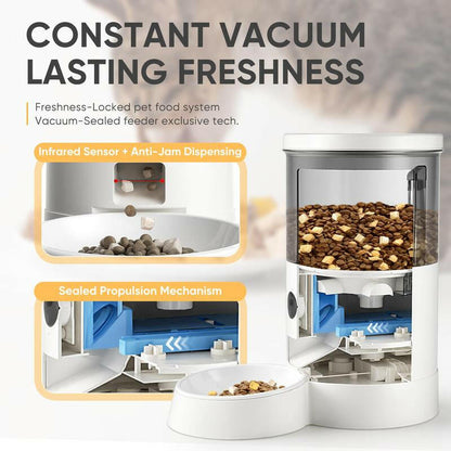 Warcat Smart Vacuum Pet Feeder with Camera, 4.5L Automatic Cat Feeder with Night Vision, 2.4G Wifi Pet Feeder with 2-Way Audio, Timed Feeding & APP Control, Dual Power Supply, Jam-Proof Dry Food Dispenser