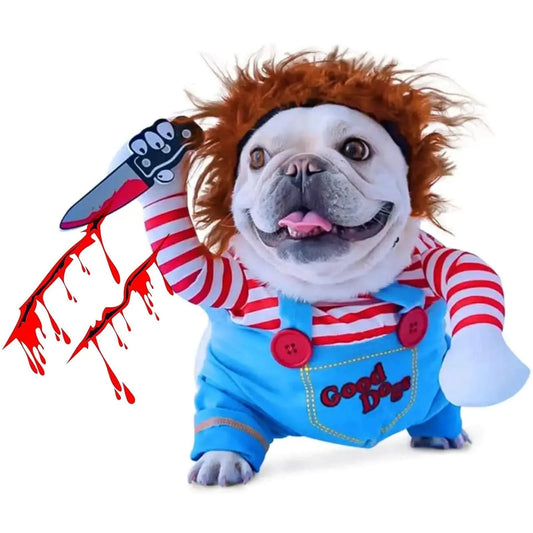 Pet Deadly Doll Dog Costume Novelty Halloween Christmas Costumes Funny Dog Cosplay Outfits Cute Clothes for Small Medium Large Dogs Cats Party Dress Up Cool Puppy Costumes Scary Spooky Apparel Blue - Pets Best shop