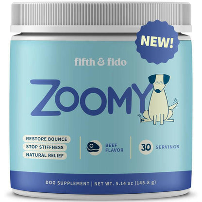 Fifth & Fido Zoomy Dog Joint Supplement for Senior Dogs - Mushroom Powered Hip Joint Support - Natural Mobility Powder - 30 Servings - Beef Flavor - 5.14 Oz