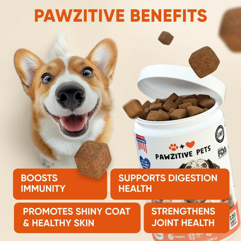 Pawzitive Pets Multivitamin Chews for Dogs – Daily Health Support with Probiotics, Omega 3, Minerals & Vitamins – All-Breed – Made in USA