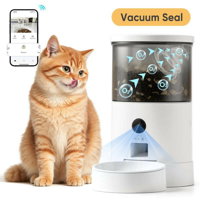 Warcat Smart Vacuum Pet Feeder with Camera, 4.5L Automatic Cat Feeder with Night Vision, 2.4G Wifi Pet Feeder with 2-Way Audio, Timed Feeding & APP Control, Dual Power Supply, Jam-Proof Dry Food Dispenser