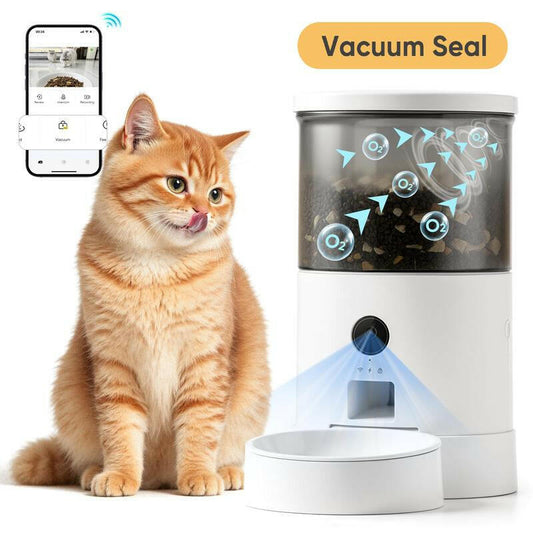 Warcat Smart Vacuum Pet Feeder with Camera, 4.5L Automatic Cat Feeder with Night Vision, 2.4G Wifi Pet Feeder with 2-Way Audio, Timed Feeding & APP Control, Dual Power Supply, Jam-Proof Dry Food Dispenser