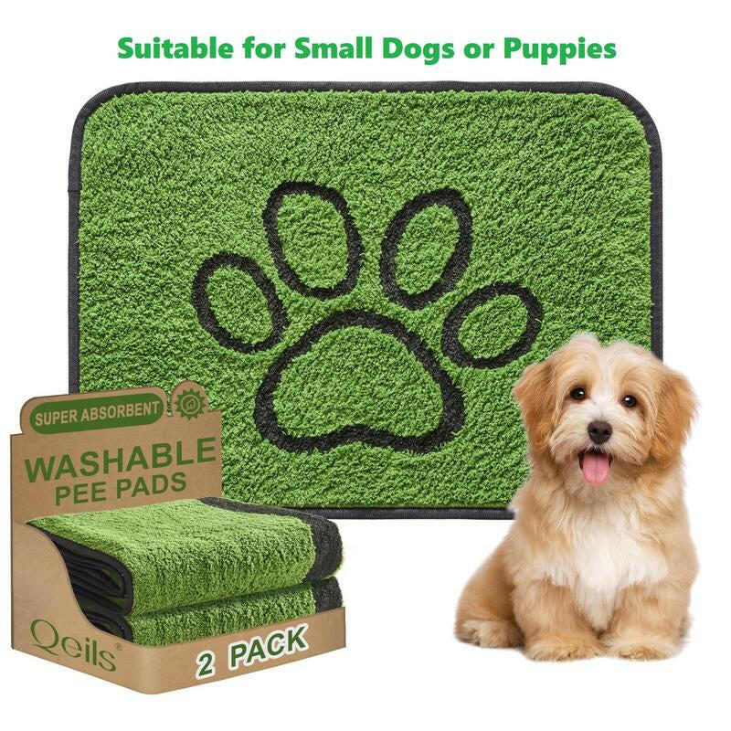 Qeils Super Absorbent Washable Pee Pads for Dogs 2 Pack Green Long Wool Mat Reusable Puppy Pads for Potty Training Outdoorfun Paws Unscented Eco-Friendly
