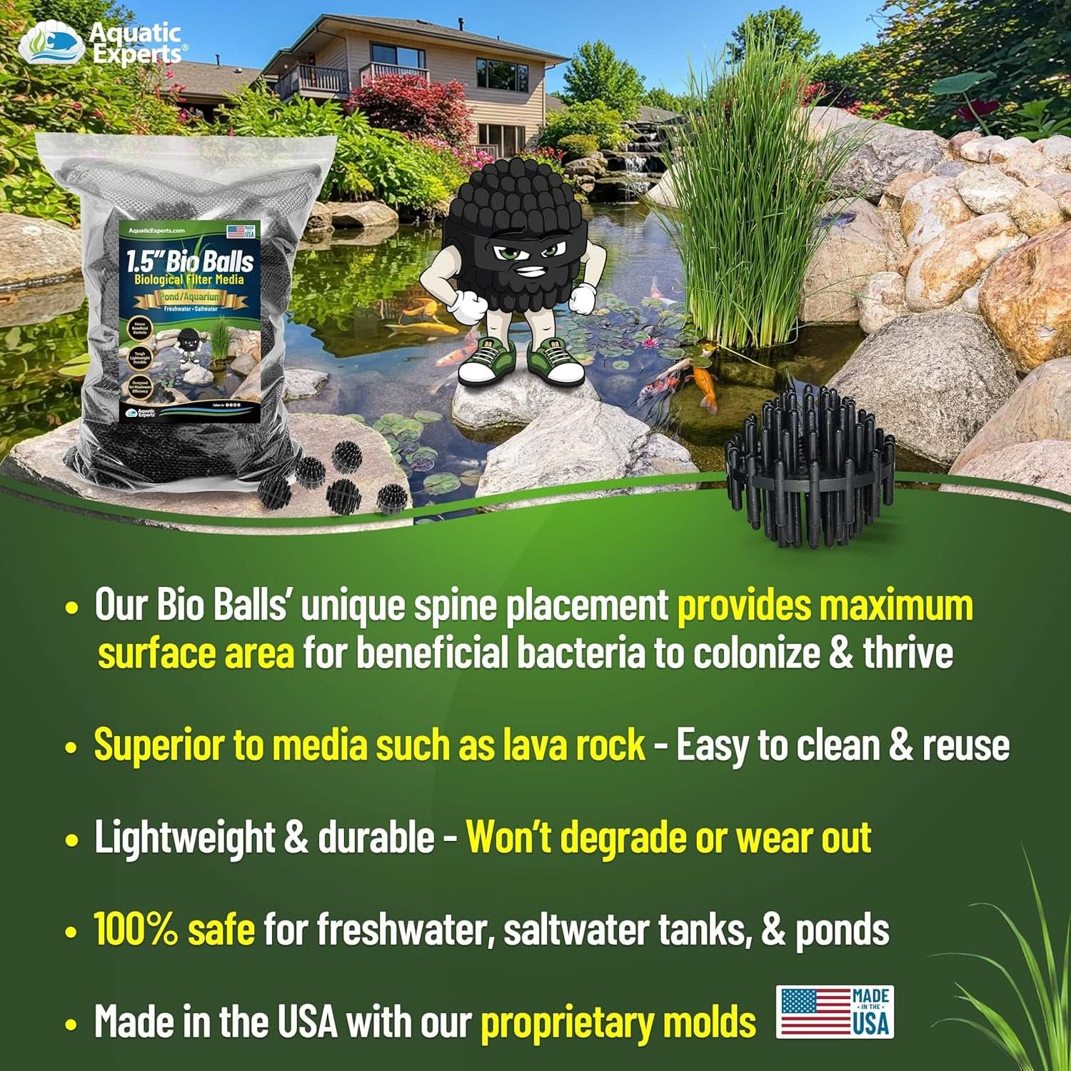 Bio Balls Filter Media - 1.5 Inch Large Bio Balls for Pond and Aquarium Filters, 100 Count with 10" X 12" Mesh Bag