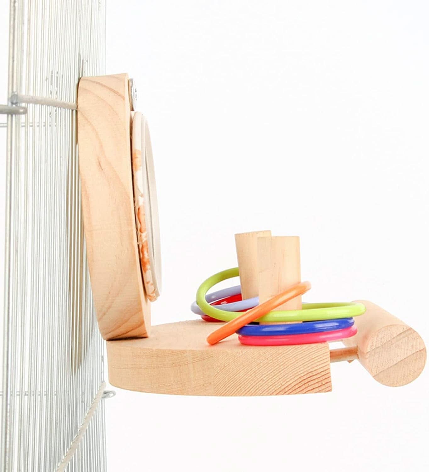 Parrot Mirror Toy Set with Wooden Platform Stand and Colorful Stacking Rings - Ideal Intelligence Toys for Cockatiels and Parrots