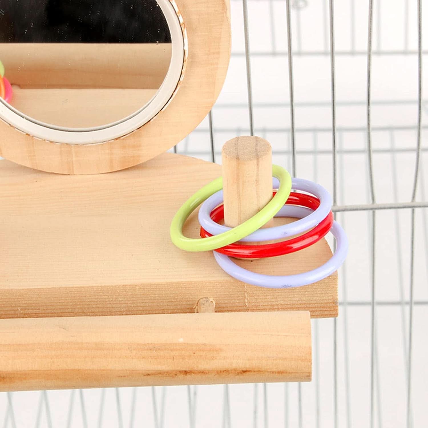 Parrot Mirror Toy Set with Wooden Platform Stand and Colorful Stacking Rings - Ideal Intelligence Toys for Cockatiels and Parrots