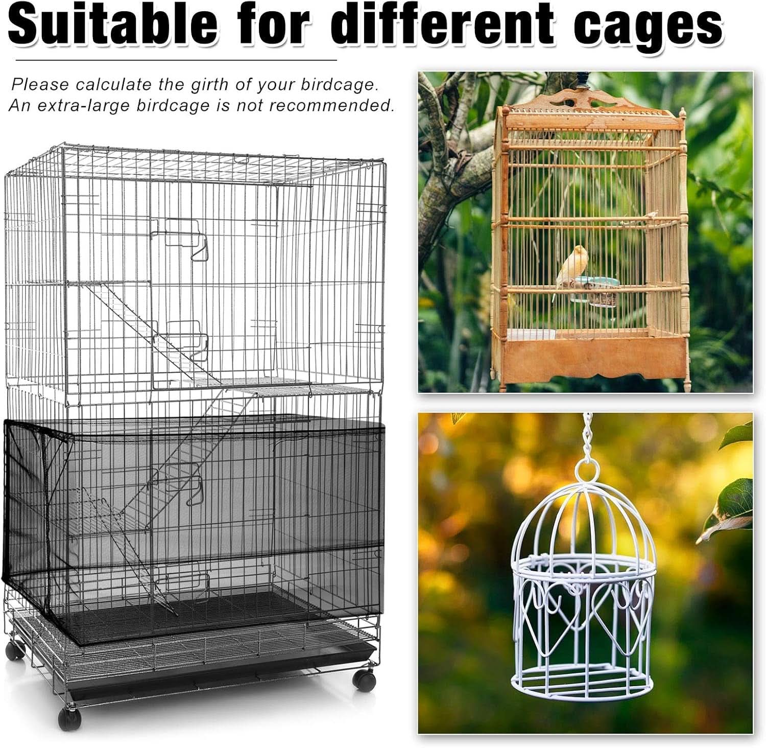 Large Adjustable Bird Cage Cover with Seed and Feather Catcher - Nylon Mesh Net Soft Skirt Guard for Parakeets, Macaws, and African Round/Square Cages (118 x 15 Inches)