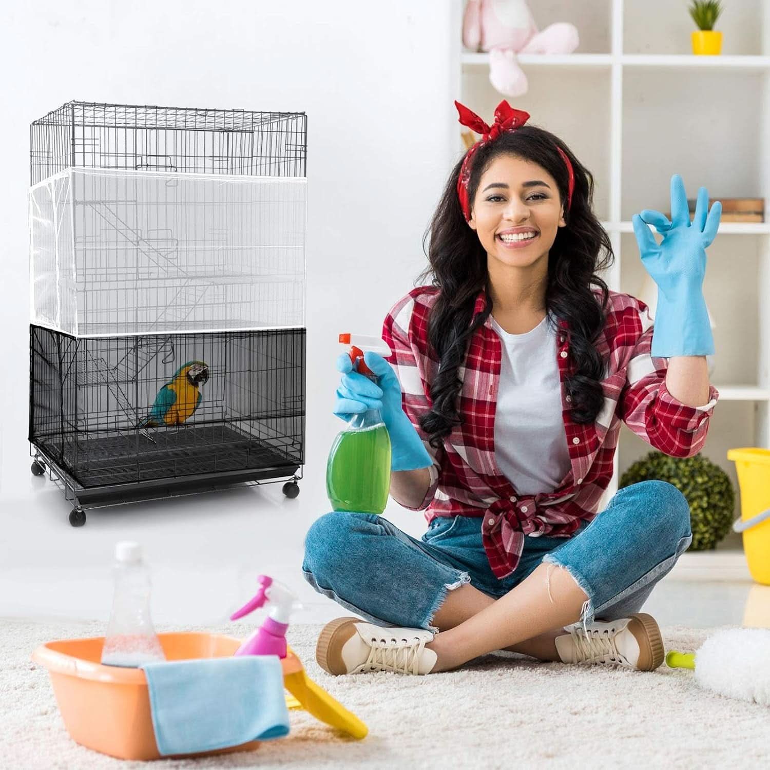 Large Adjustable Bird Cage Cover with Seed and Feather Catcher - Nylon Mesh Net Soft Skirt Guard for Parakeets, Macaws, and African Round/Square Cages (118 x 15 Inches)
