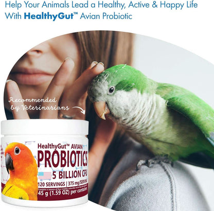 Healthygut™ Avian Probiotics Dietary Supplement for Parrots - All-Natural Digestive Support Formula (120 Servings)