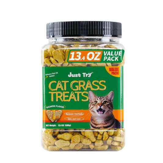 Just Try Salmon Oil Treats with Cat Grass| Natural Salmon Flavor | Kitten & Cat Healthy Training Biscuits | Fish Oil Omega-3 Supplements