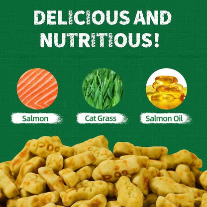 Just Try Salmon Oil Treats with Cat Grass| Natural Salmon Flavor | Kitten & Cat Healthy Training Biscuits | Fish Oil Omega-3 Supplements