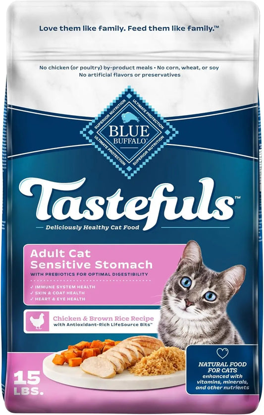 Tastefuls Natural Dry Cat Food for Adults with Sensitive Stomachs, Chicken & Brown Rice Recipe, 15 lb Bag