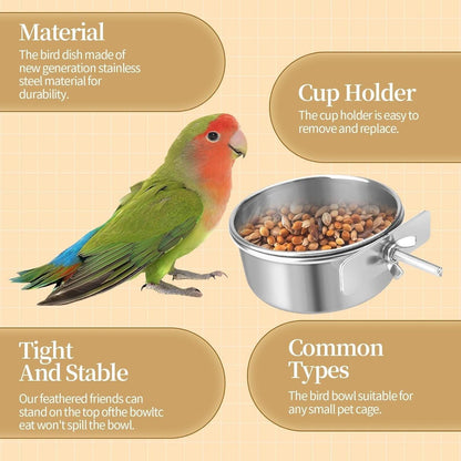 Stainless Steel Bird Cage Feeder Set - 2 Pcs 10oz Food and Water Bowls with Clamp for Parrots, Cockatiels, and Small Animals