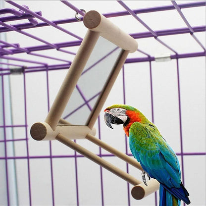 Interactive Wooden Bird Mirror with Swing and Perch for Parakeets, Cockatiels, Lovebirds, and Finches - 3.7 x 3.5 x 3.5 Inch, Single Pack