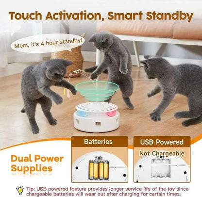 Cat Toys 3In1 Automatic Interactive Kitten Toy, Fluttering Butterfly, Moving Ambush Feather, Track Balls, Dual Power Supplies
