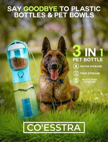 3In1 Pet Water Bottle - Portable 20Oz Leak Proof Container with Poop Bag Dispenser, Ideal for Travel, Hiking, and Outdoor Use
