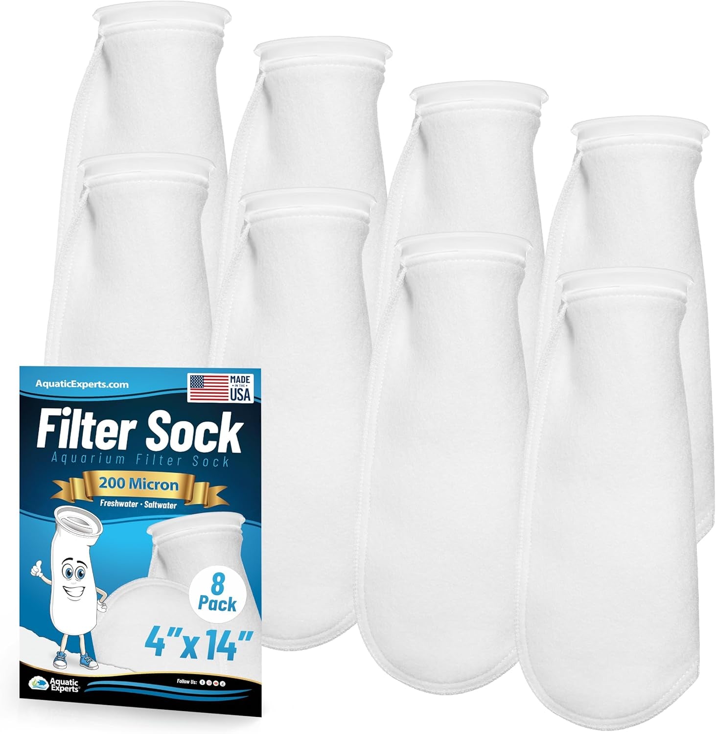 4-Inch 200 Micron Filter Socks for Saltwater Aquariums - 8 Pack (4" x 14")