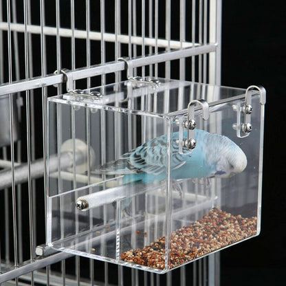 Automatic Bird Feeder - No Mess Acrylic Seed Container for Parakeets, Canaries, Cockatiels, Parrots, and Finches (5.1 x 5.1 x 4.3 inches)