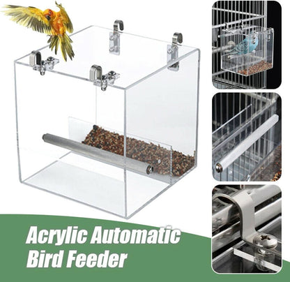 Automatic Bird Feeder - No Mess Acrylic Seed Container for Parakeets, Canaries, Cockatiels, Parrots, and Finches (5.1 x 5.1 x 4.3 inches)