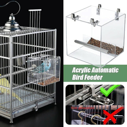Automatic Bird Feeder - No Mess Acrylic Seed Container for Parakeets, Canaries, Cockatiels, Parrots, and Finches (5.1 x 5.1 x 4.3 inches)