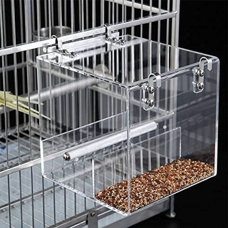Automatic Bird Feeder - No Mess Acrylic Seed Container for Parakeets, Canaries, Cockatiels, Parrots, and Finches (5.1 x 5.1 x 4.3 inches)
