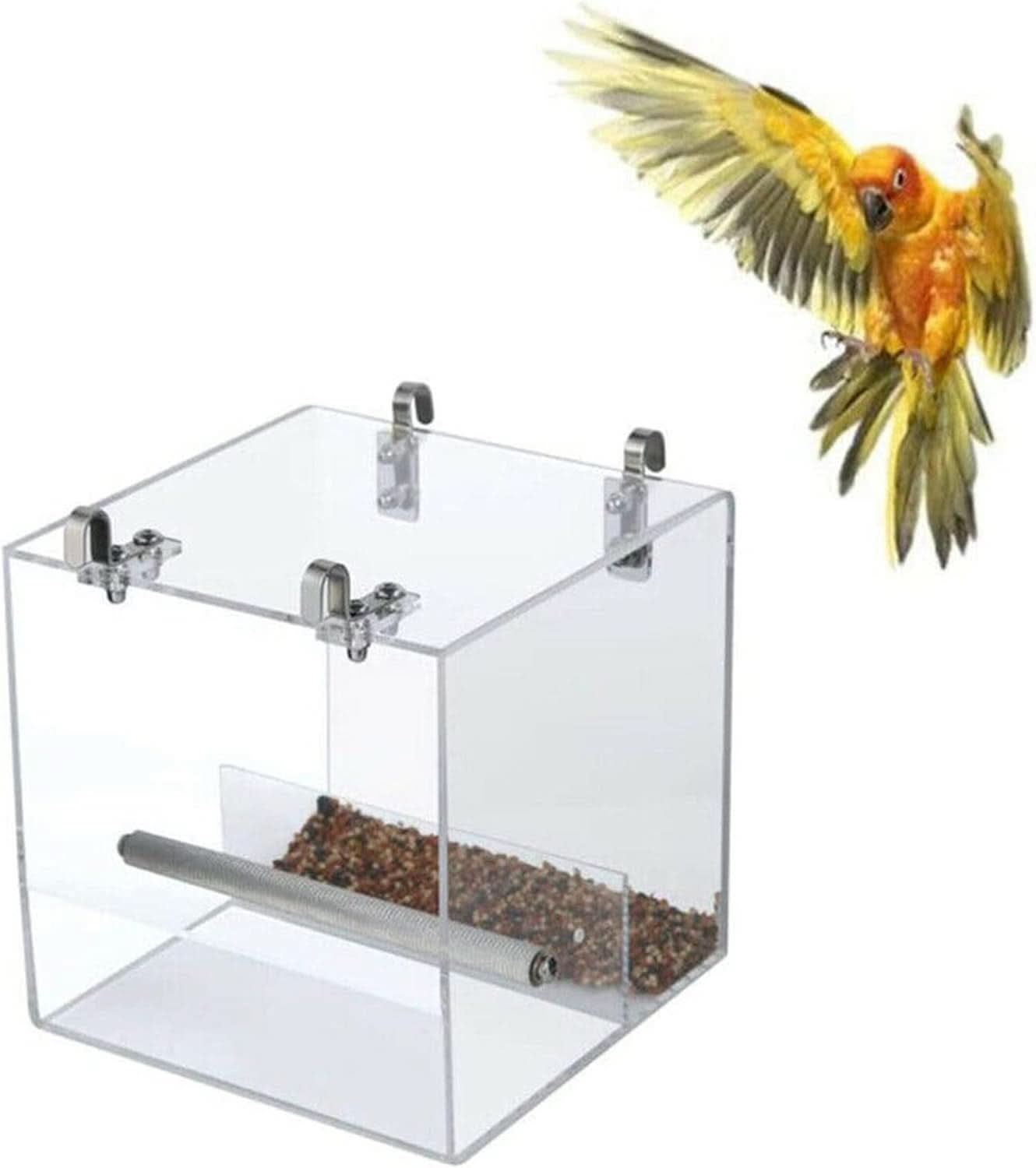 Automatic Bird Feeder - No Mess Acrylic Seed Container for Parakeets, Canaries, Cockatiels, Parrots, and Finches (5.1 x 5.1 x 4.3 inches)