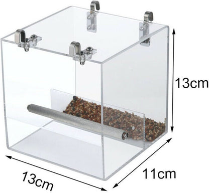 Automatic Bird Feeder - No Mess Acrylic Seed Container for Parakeets, Canaries, Cockatiels, Parrots, and Finches (5.1 x 5.1 x 4.3 inches)