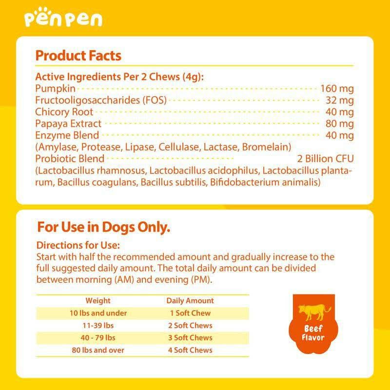 PENPEN Probiotics for Dogs - Multi-Probiotic & Enzyme Blend for Digestive Health, Eases Sensitive Stomachs (Beef Chews)