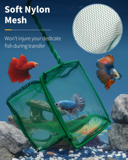 Aquarium Fish Net with Braided Metal Handle - Square Soft Fine Mesh Net for Skimming Sludge, Food Residue, and Waste in Fish Tanks, Small Koi Ponds, and Pools