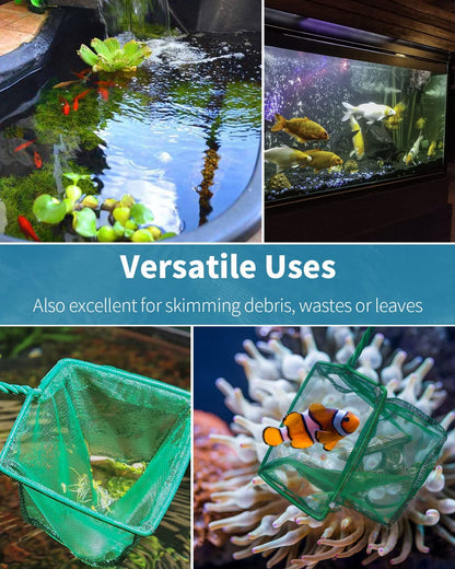 Aquarium Fish Net with Braided Metal Handle - Square Soft Fine Mesh Net for Skimming Sludge, Food Residue, and Waste in Fish Tanks, Small Koi Ponds, and Pools