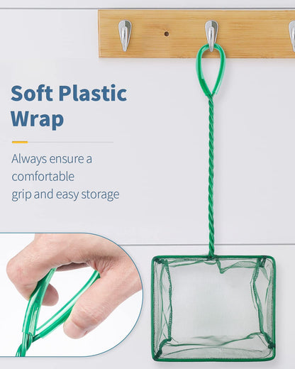 Aquarium Fish Net with Braided Metal Handle - Square Soft Fine Mesh Net for Skimming Sludge, Food Residue, and Waste in Fish Tanks, Small Koi Ponds, and Pools