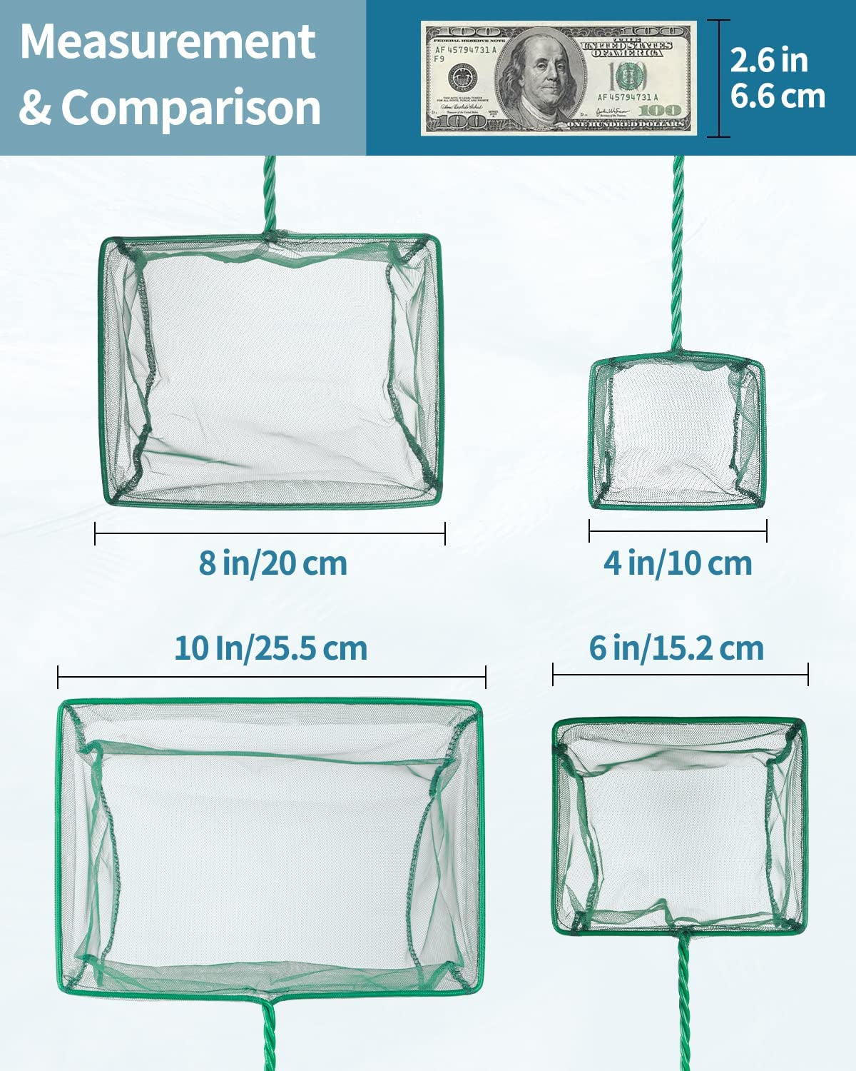 Aquarium Fish Net with Braided Metal Handle - Square Soft Fine Mesh Net for Skimming Sludge, Food Residue, and Waste in Fish Tanks, Small Koi Ponds, and Pools