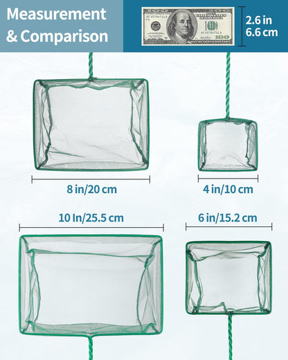 Aquarium Fish Net with Braided Metal Handle - Square Soft Fine Mesh Net for Skimming Sludge, Food Residue, and Waste in Fish Tanks, Small Koi Ponds, and Pools