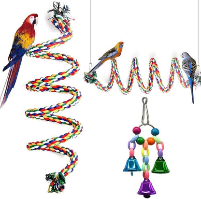 Cotton Rope Parrot Perch with Bell - 63" Climbing Stand Bar and Bungee Toy for Birds